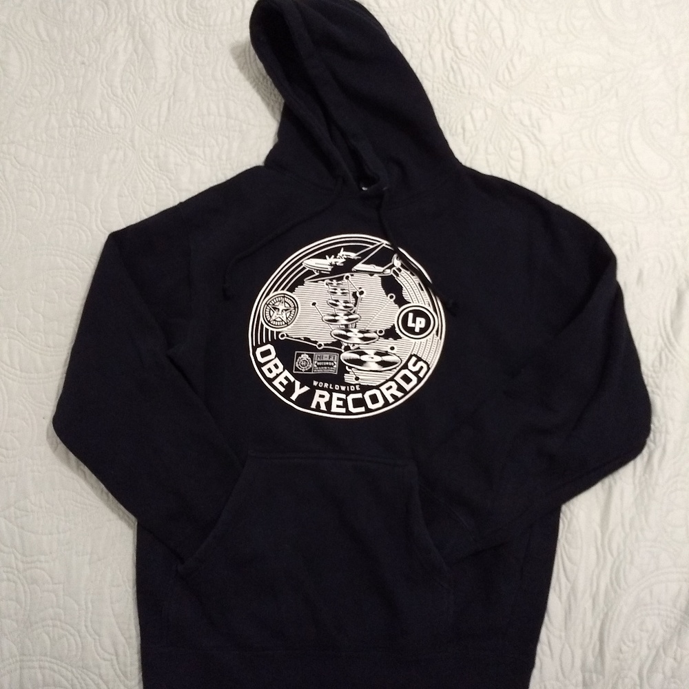 Obey pull over black hoodie with large graphic